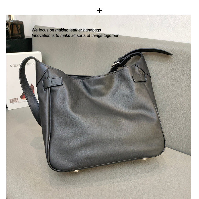 锁扣托特包水桶包头层牛皮大容量通勤单肩腋下斜挎高级感真皮女包
