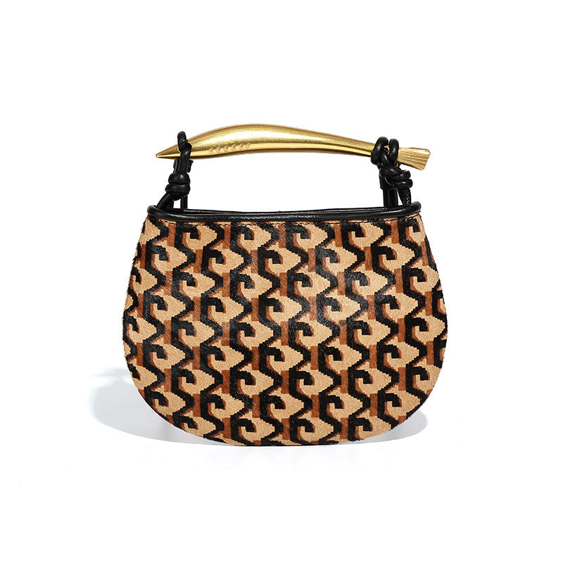 秋冬新品高级感马毛手提包包小众设计潮流豹纹沙丁鱼单肩斜挎女包