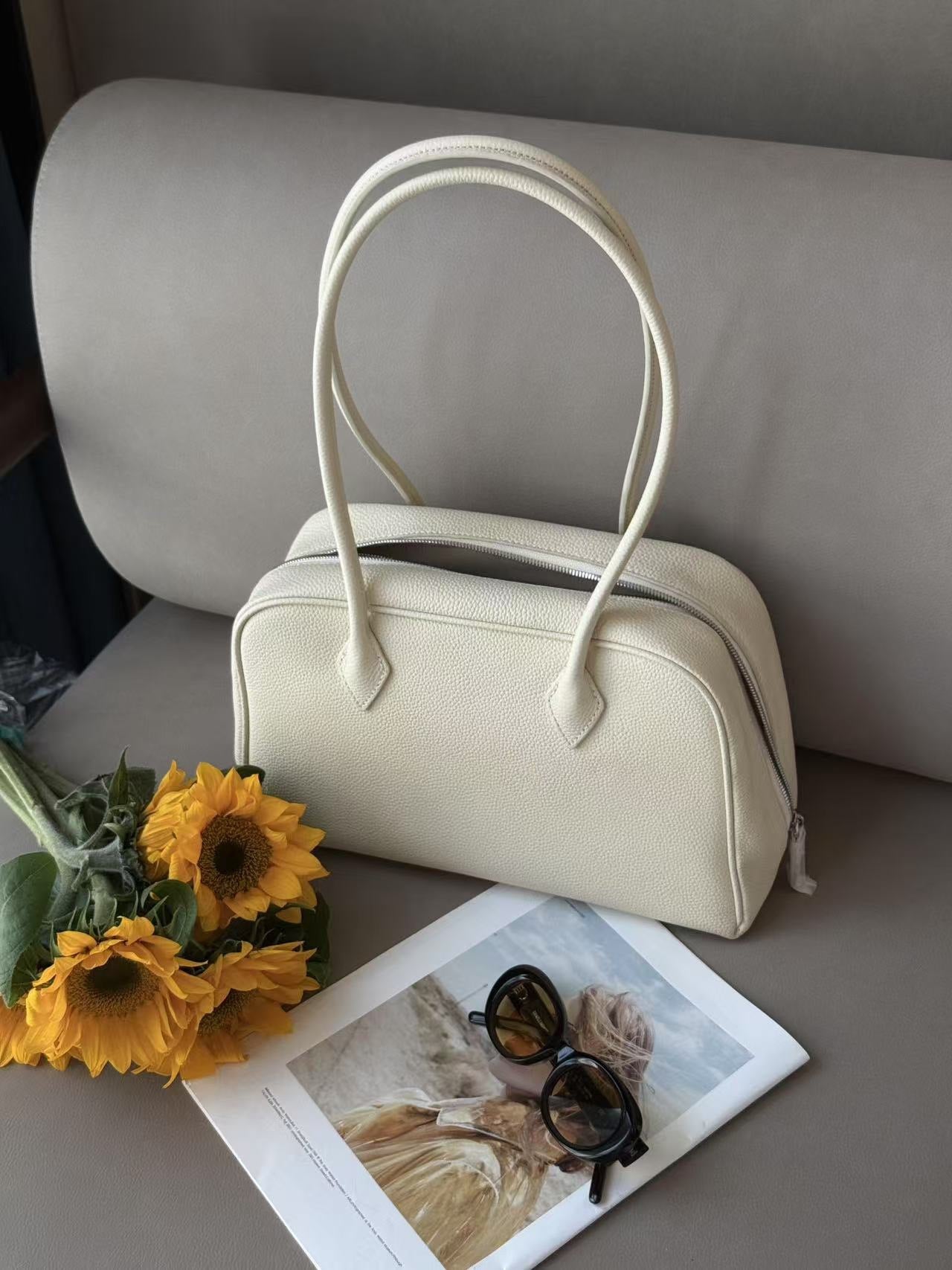 2025新款韩版小众设计头层牛皮波士顿通勤包单肩包斜挎包