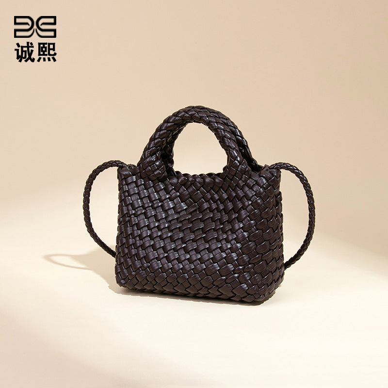 时尚百搭小清新手拎编织女包休闲纯色菜篮子单肩斜挎包手提子母包