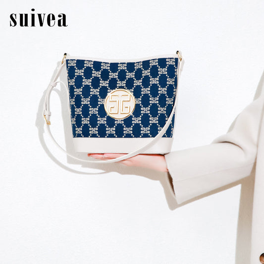 跨境夏季女高级感单肩斜挎水桶包小众印花棉麻pu大容量简约子母包