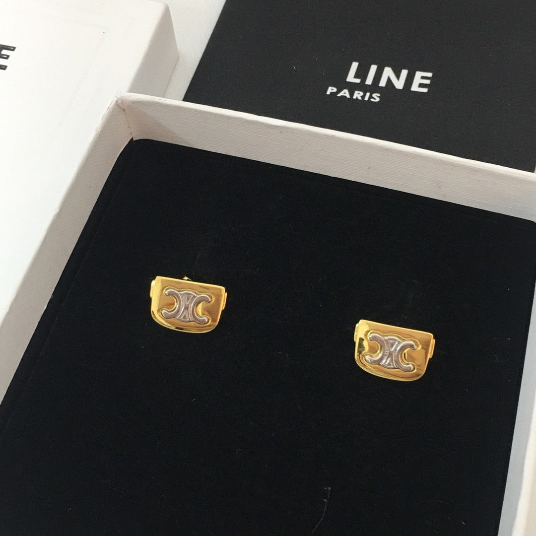 赛林家22新款方形凯旋门耳钉女高级感气质黄铜镀金拼色猪鼻耳环