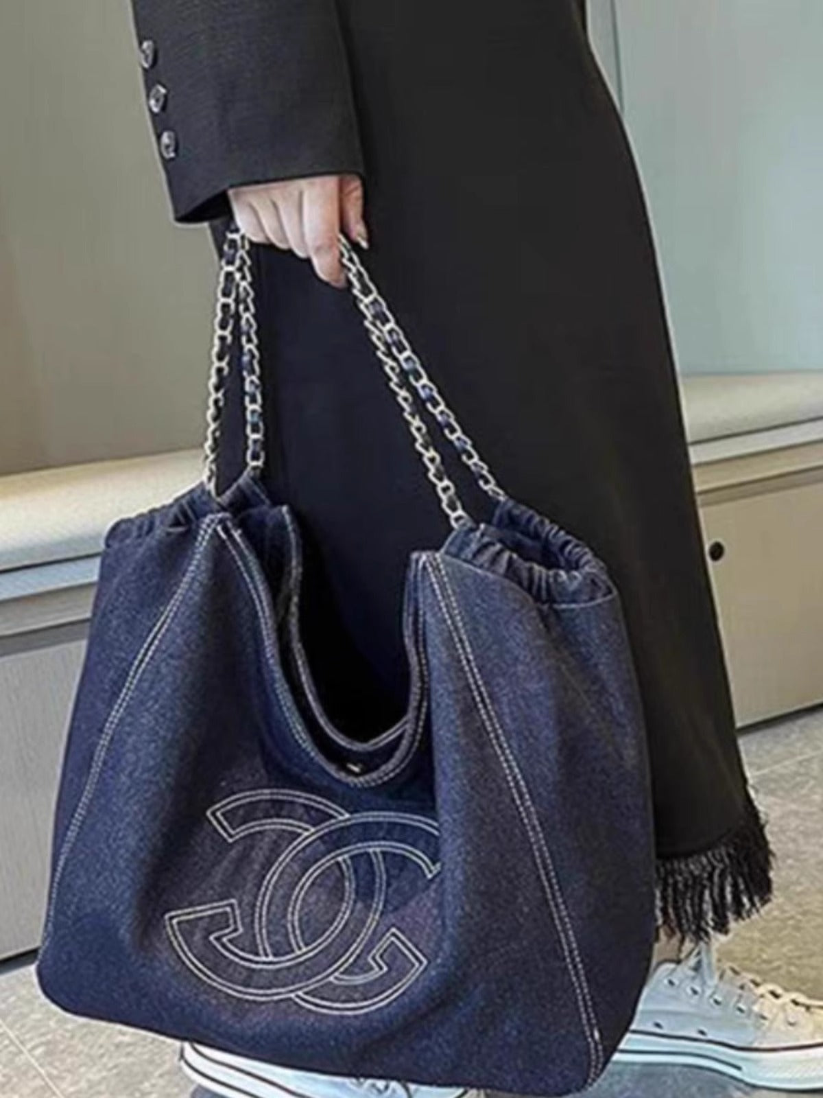 小香风牛仔布单肩包帆布大包包Vintage中古腋下包大容量托特包女