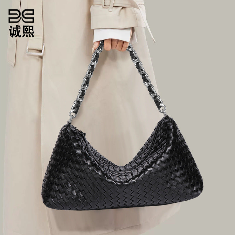 时尚简约单肩斜跨包高级感百搭手提腋下包通勤大容量手工编织包包