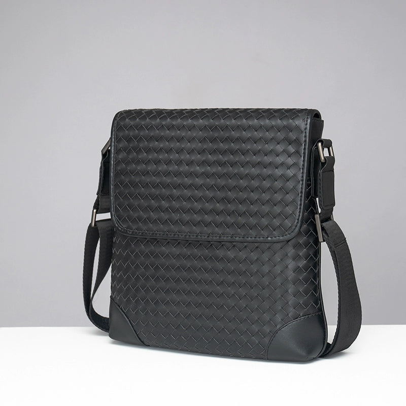 X&BV真皮男包单肩包新款竖款韩版商务休闲翻盖编织斜挎包男小背包