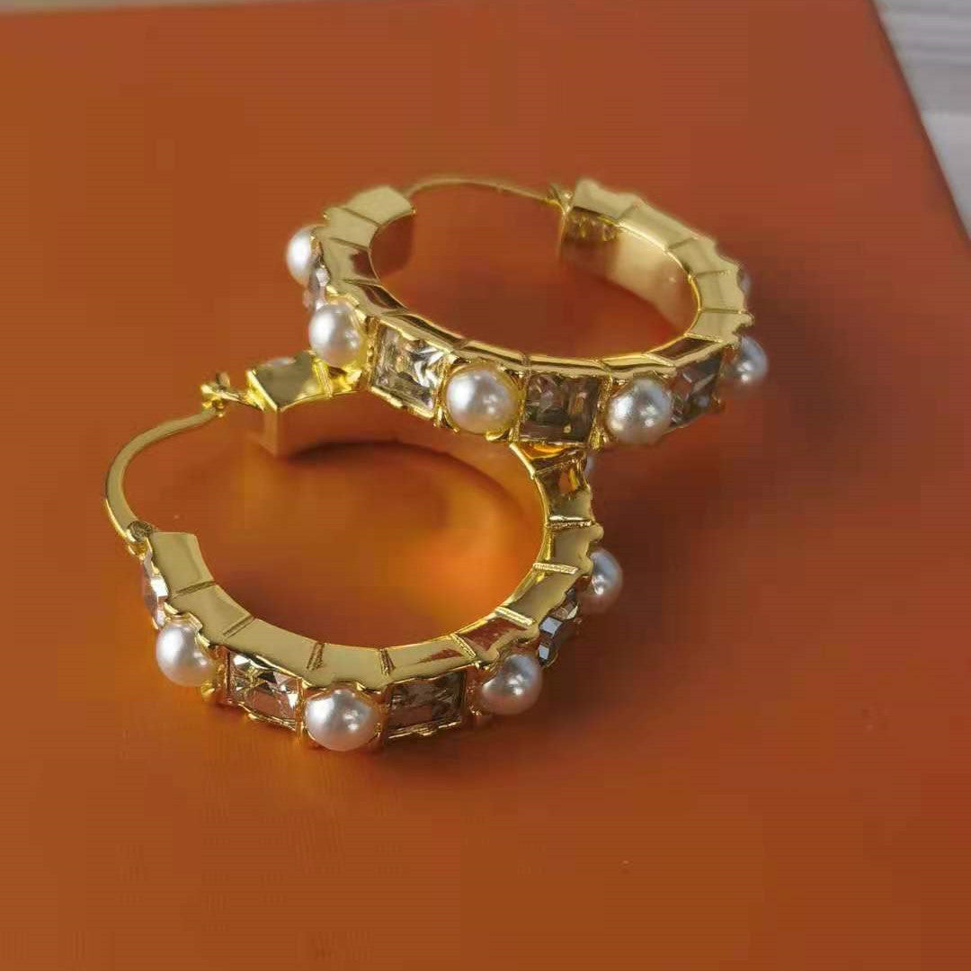 缪家新款耳环女圆圈镶钻珍珠耳圈高级感港风耳饰方钻珍珠圆形耳圈