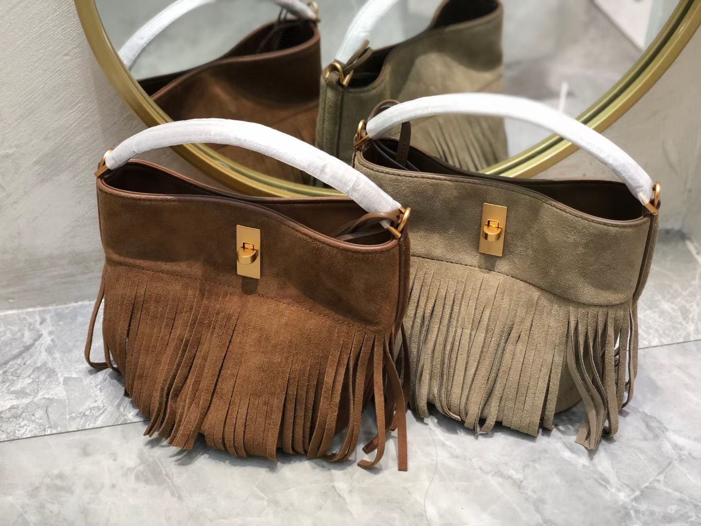 真皮水桶包ins潮酷复古流苏女包磨砂休闲百搭手提斜挎包 一件代发