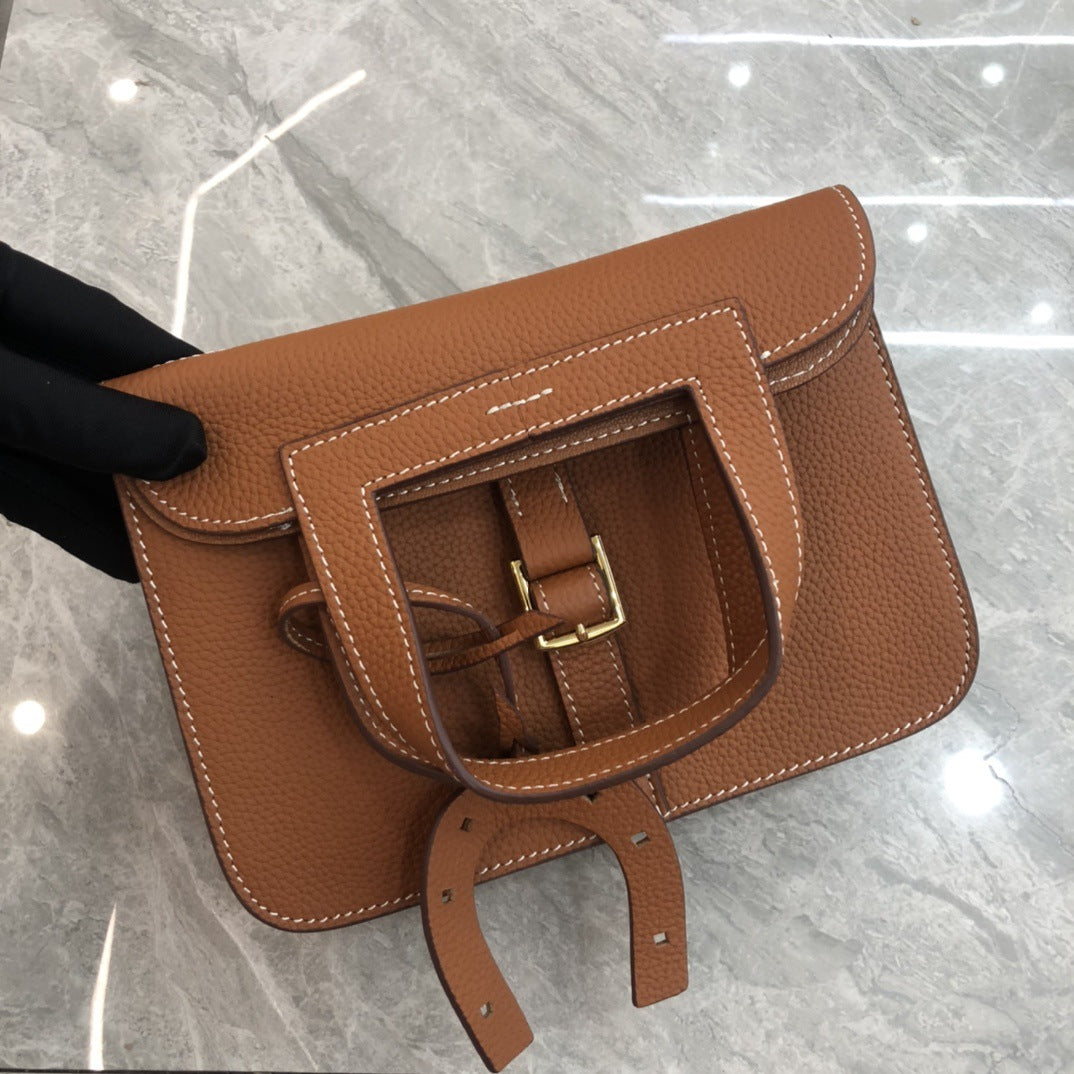 2024新马蹄包时尚单肩斜跨手提荔枝纹头层牛皮休闲真皮女包哈赞包