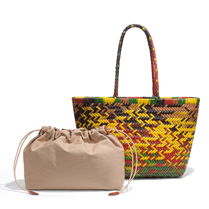 ins新款菜篮手提包休闲百搭手工编织托特包大容量牛皮单肩腋下包