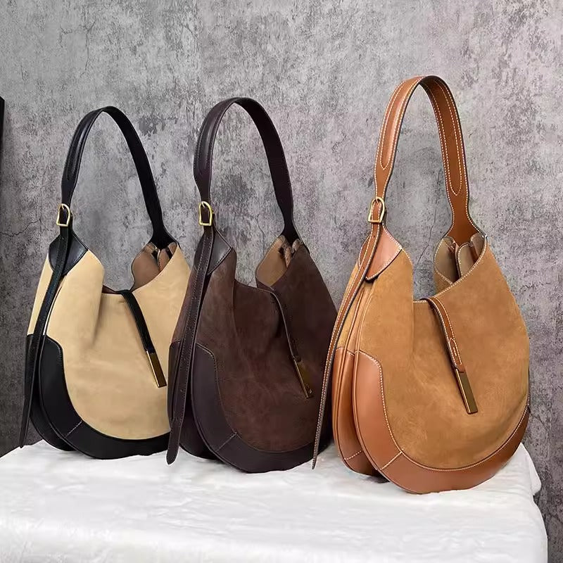 平价显贵慵懒老钱风郑秀晶同款单肩斜挎腋下麂皮拼色ID托特包大容