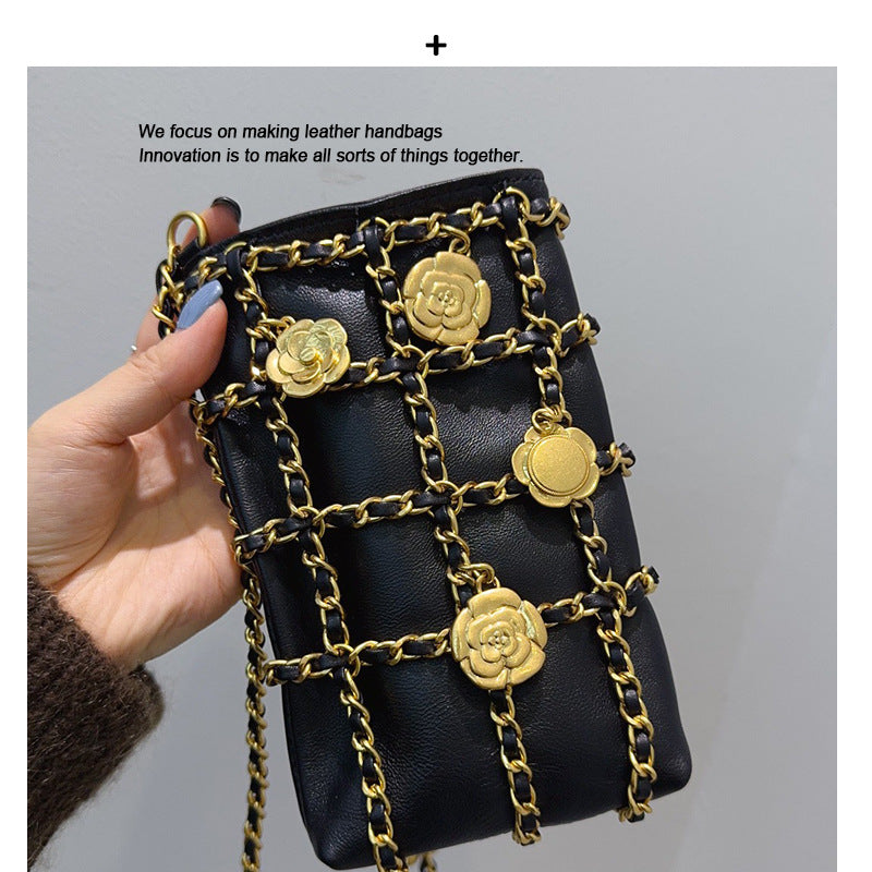 小香风山茶花真皮手机包女2024夏新款迷你菱格链条小包包斜挎包潮