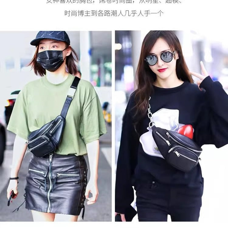 腰包女潮ins桑稚赵露思同款羊皮女胸包真皮百搭单肩斜挎链条小包