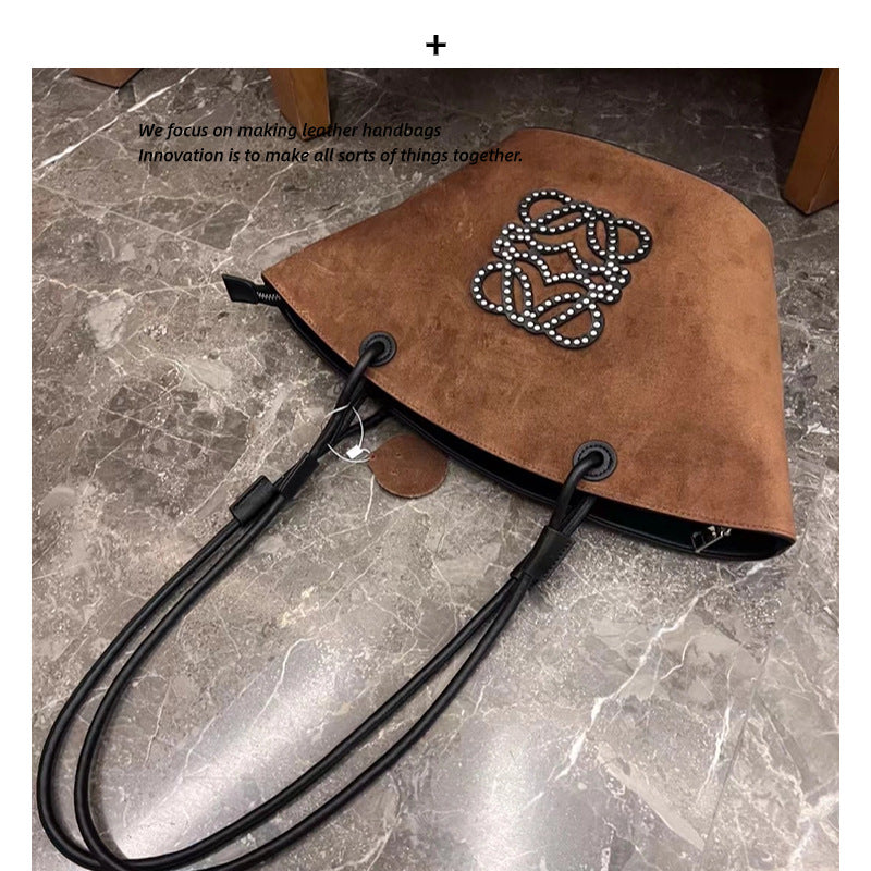 冬季新款磨砂牛皮托特包大容量单肩腋下包时尚百搭麂皮绒购物包包