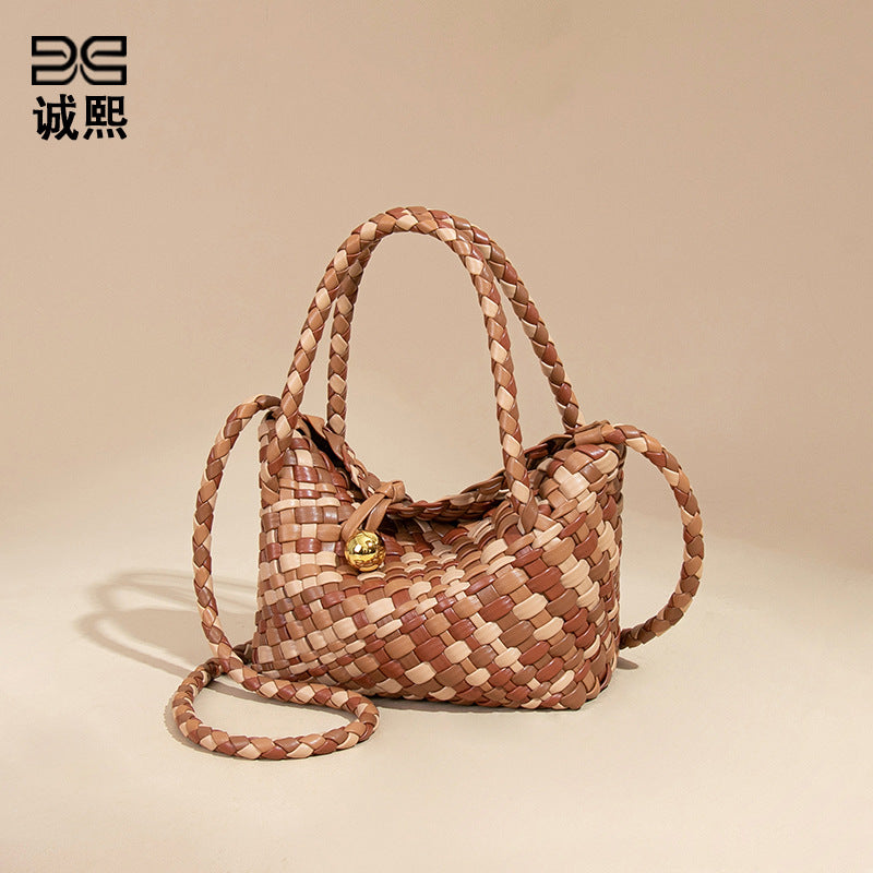 外贸新款彩色手工编织包小众菜篮手提女包休闲百搭子母单肩斜跨包