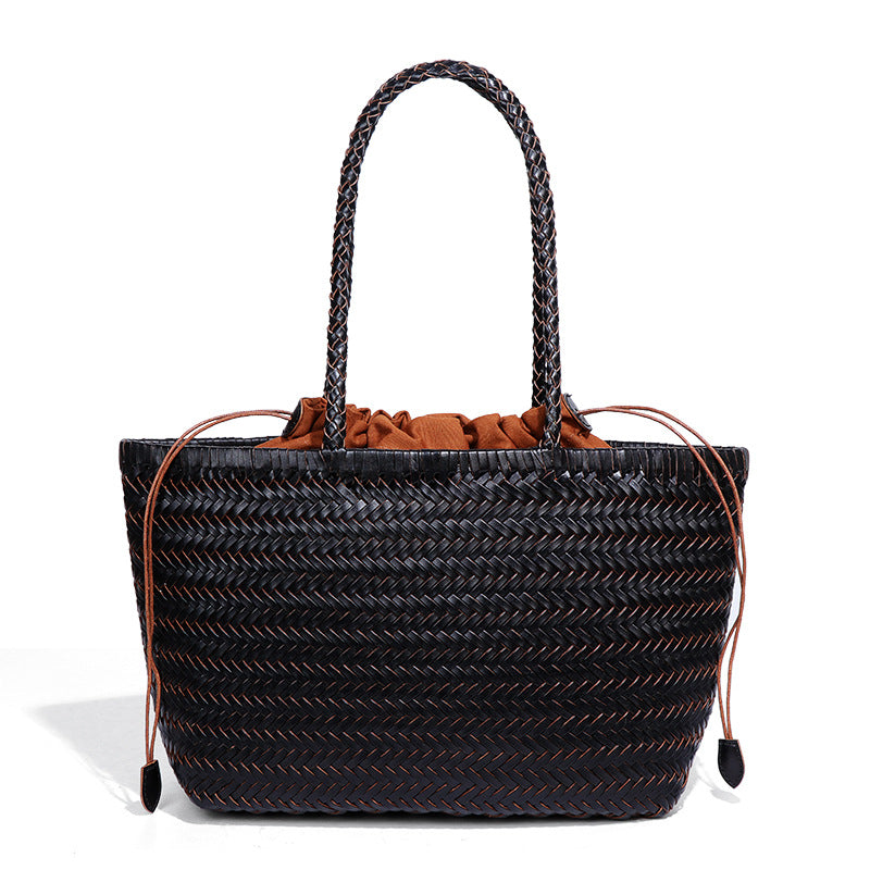 牛皮复古菜篮子手提托特女包个性手工编织包休闲度假风单肩腋下包