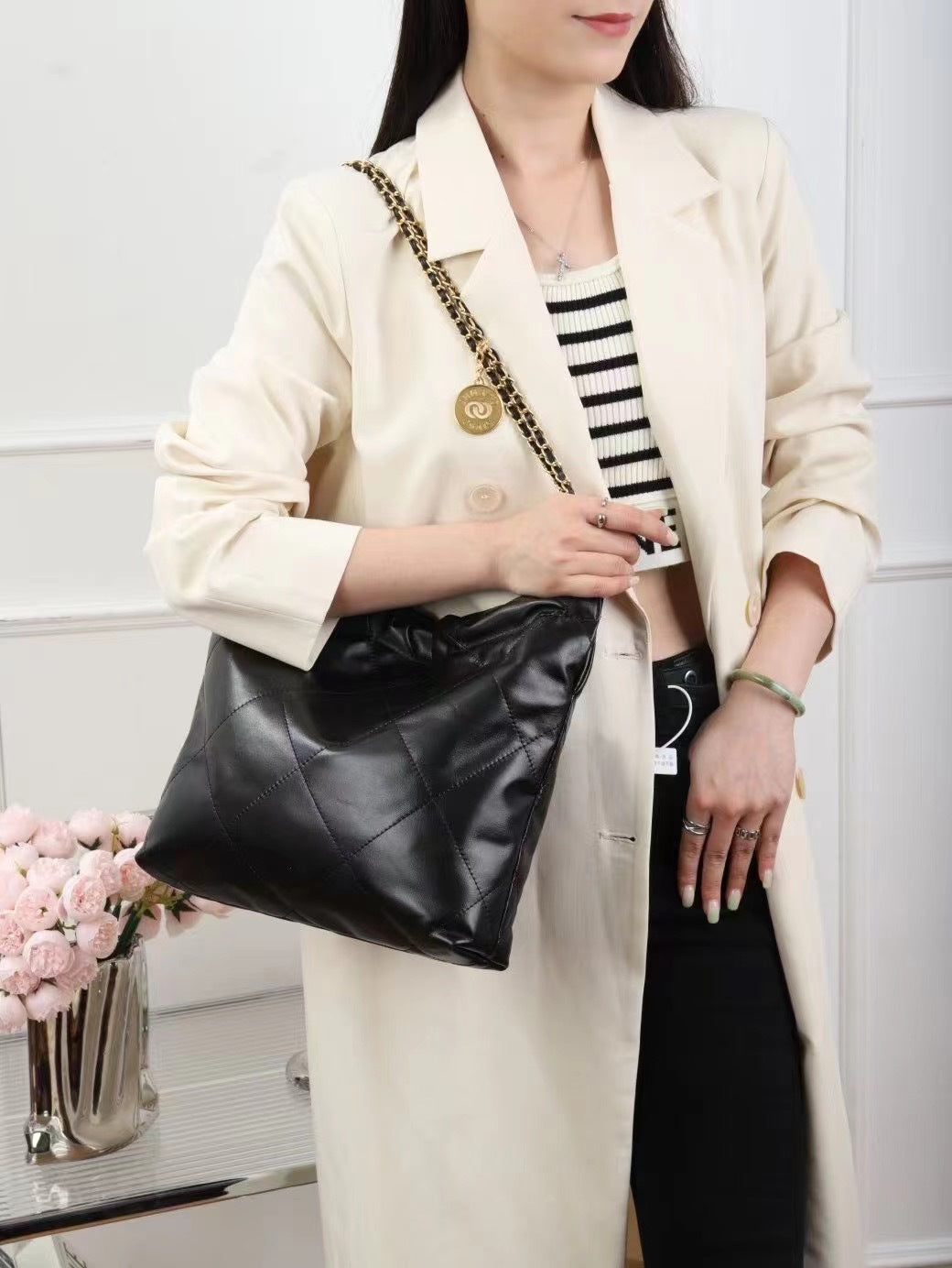 小香风ins潮慵懒风垃圾袋女包22bag大容量托特包真皮菱格包 代发