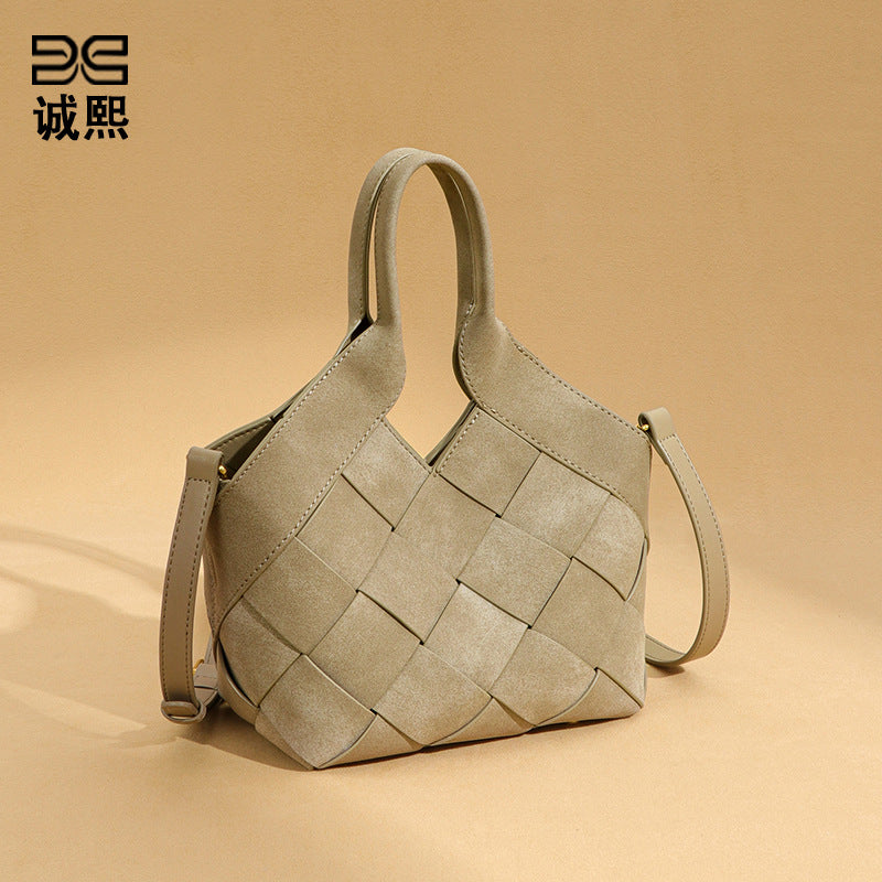 时尚磨砂高级感手拎单肩女包小众手工编织包包简约潮流子母斜挎包