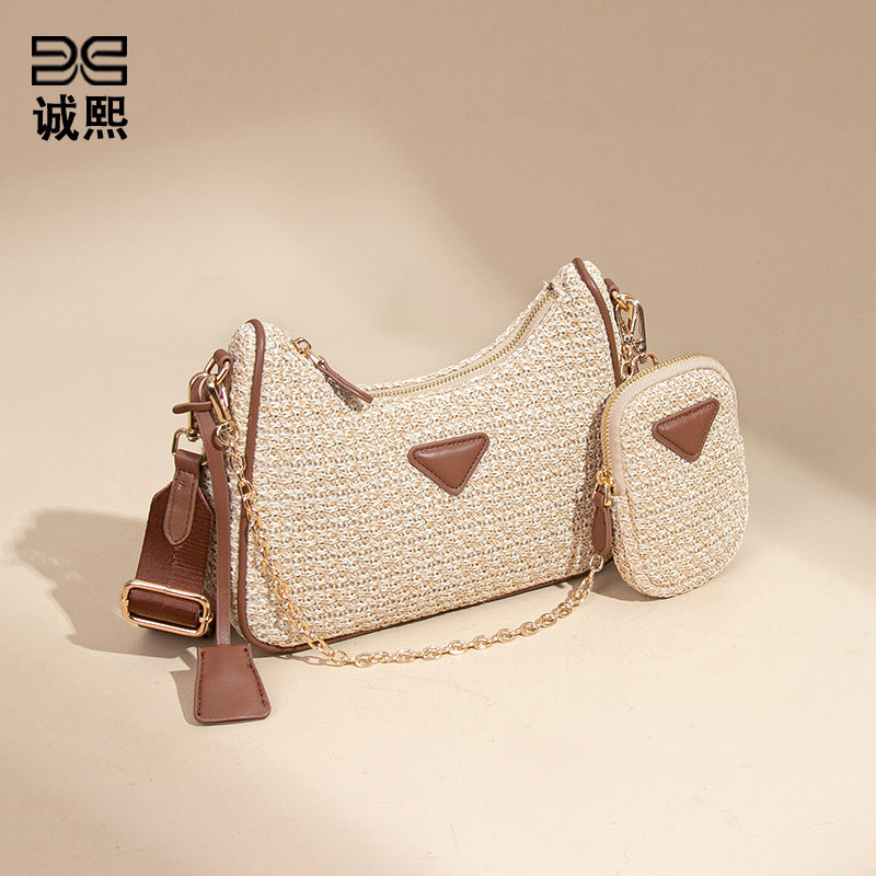 简约小清新斜挎沙滩包拉菲草两件套单肩腋下包时尚小众草编月牙包