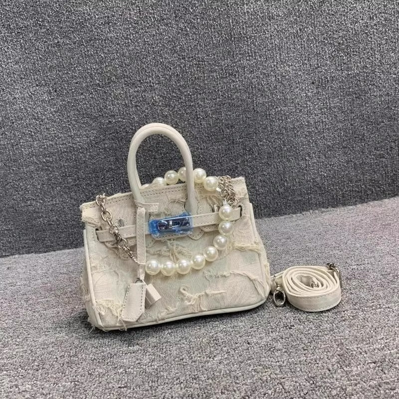 日韩潮包ins小众设计复古大容量链条串珠托特包牛仔布手提包包