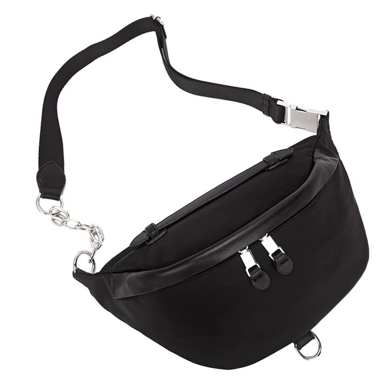 头层牛皮配牛津布胸包女ins潮休闲斜挎包百搭时尚腰包蹦迪包 代发