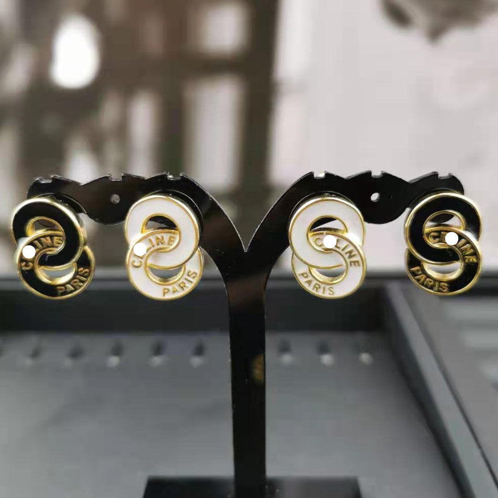 赛家新款法式8字母圆圈耳环黑白滴胶双圈复古双环耳钉时髦耳饰