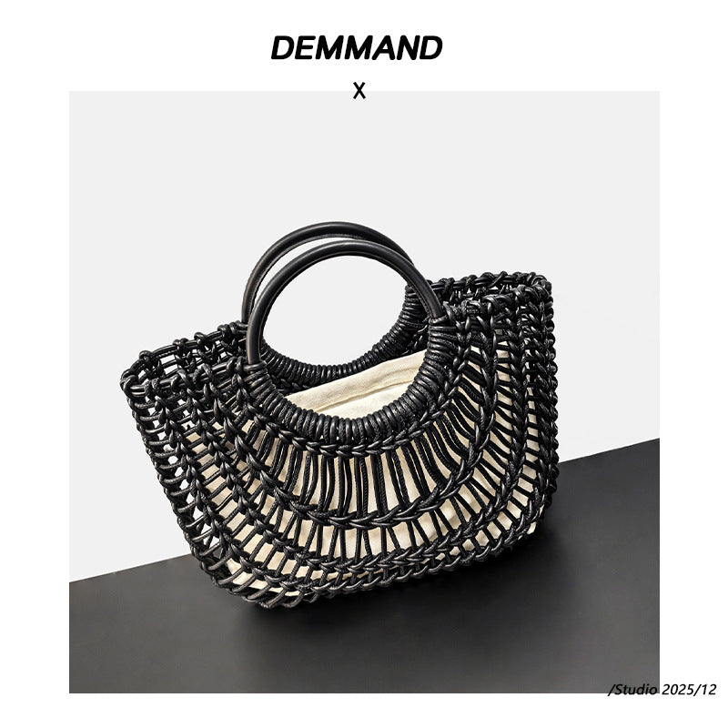 2025新款时尚百搭草编镂空出街休闲夏日度假风女式手提编镂空包包