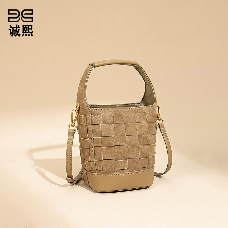 复古小众手工编织包磨砂麂皮绒手拎水桶包拼色子母包单肩斜挎女包