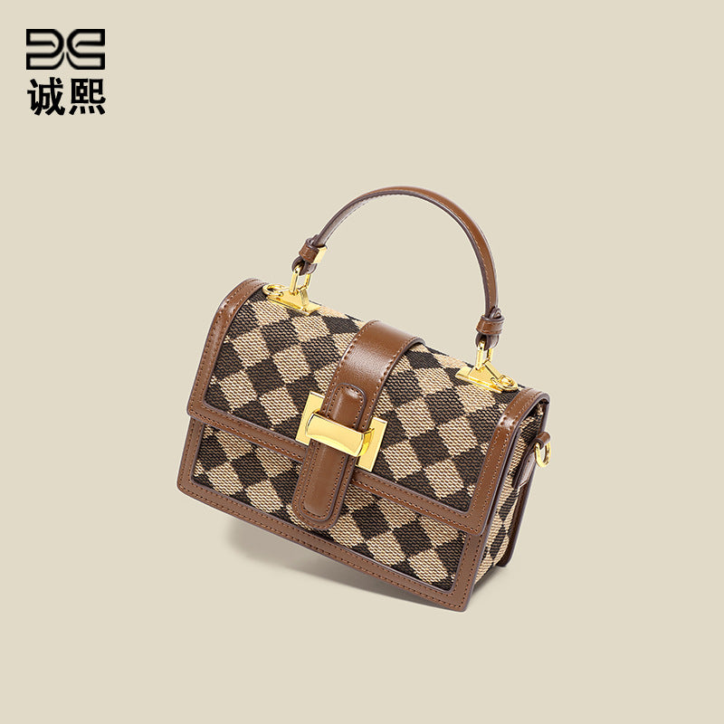 洋气复古月光宝盒手提包菱格豹纹质感棉麻单肩女包休闲潮流斜挎包
