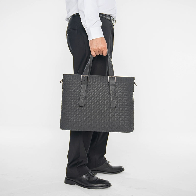 X&BV真皮男士手提包横款编织单肩斜挎包男商务休闲电脑包公文包男