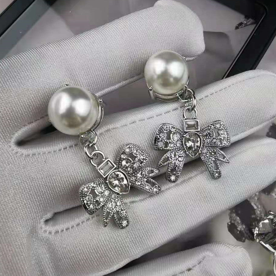 缪家新款耳环时尚甜美气质水晶耳饰品超仙ins风蝴蝶结珍珠耳钉女