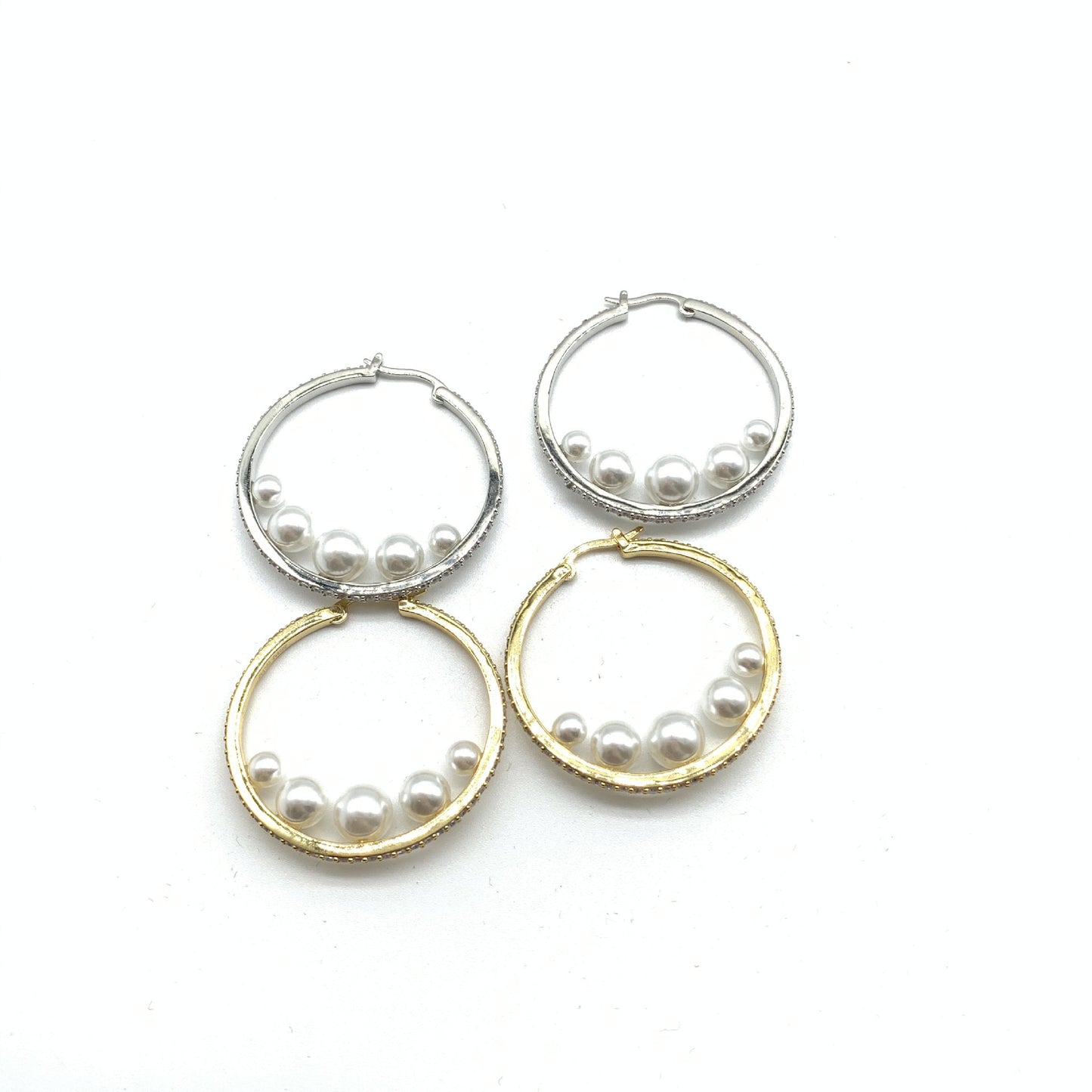 缪家新款耳圈珍珠水钻欧美简约大气时尚耳饰圆圈珍珠水晶耳钉女