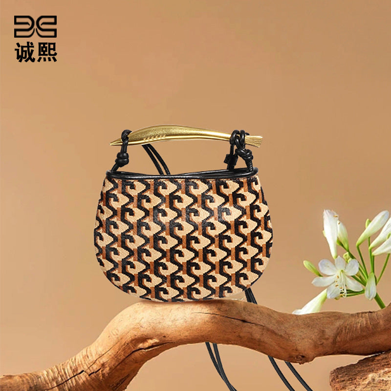 秋冬新品高级感马毛手提包包小众设计潮流豹纹沙丁鱼单肩斜挎女包