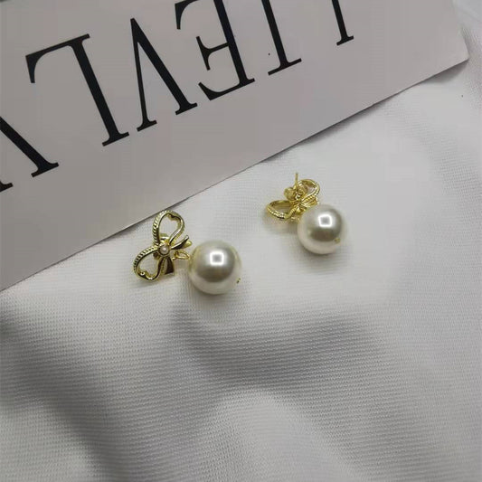 赛家21新款蝴蝶结耳钉珍珠耳坠女高级感甜美INS风几何形镀金耳环