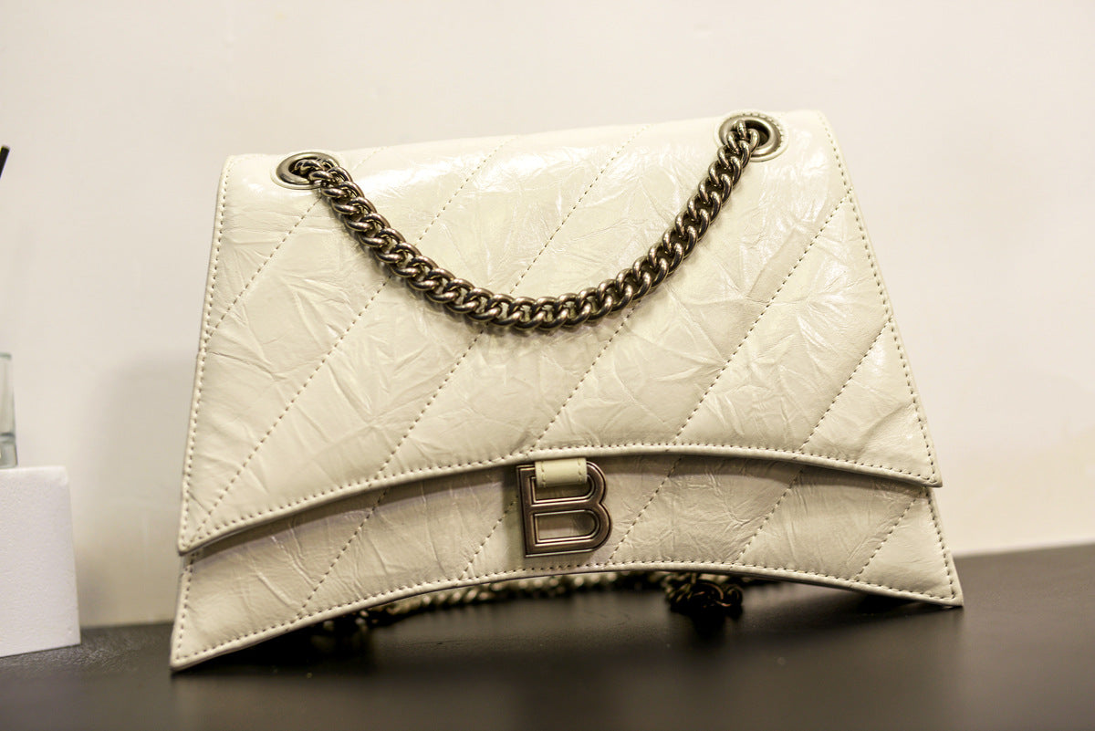 头层牛皮沙漏包2022秋冬新款褶皱菱格链条包b家单肩斜挎女通勤