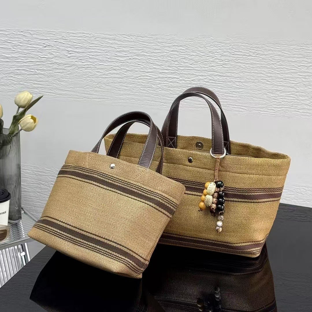 草编包日系网红款复古新款牛皮单肩包大容量托特包条纹手提斜挎包