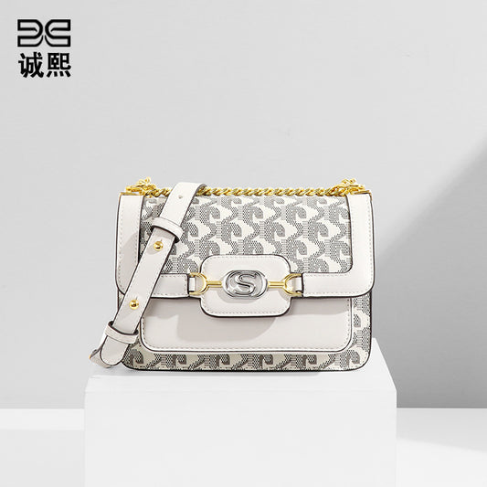 时尚狗牙印花小方包欧美复古大容量通勤包包女休闲简约单肩斜挎包