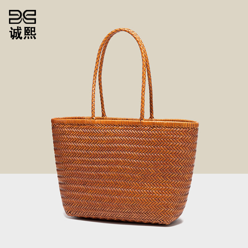 ins新款菜篮手提包休闲百搭手工编织托特包大容量牛皮单肩腋下包
