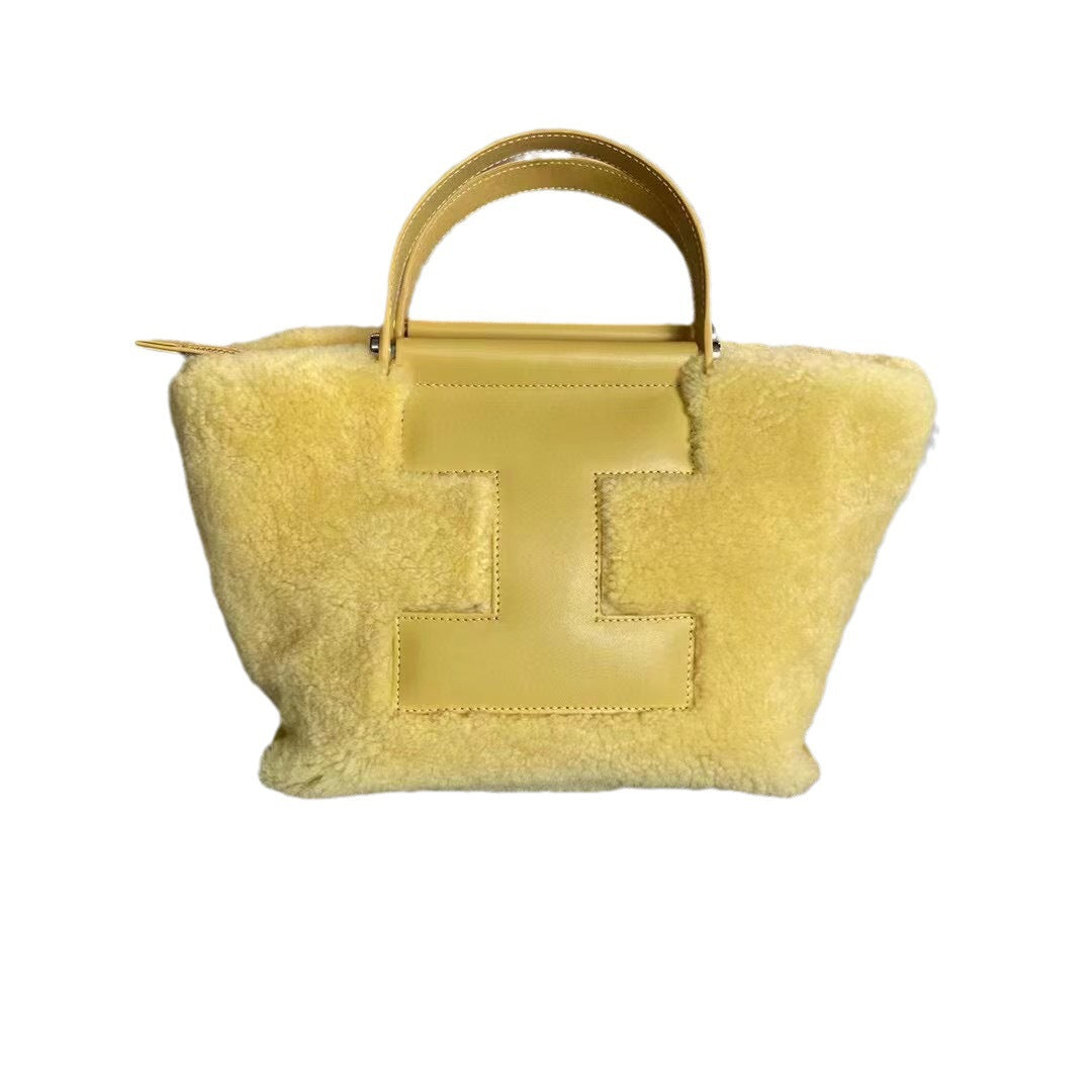 包包女2023秋冬新品网红撞色复古牛皮羊毛大容量托特包单肩斜挎包