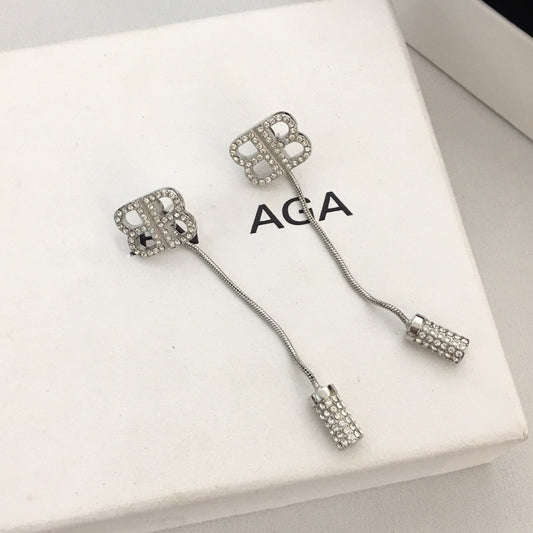 B家21新款双B满钻耳线女高级感气质INS风水钻耳钉超闪长款耳环