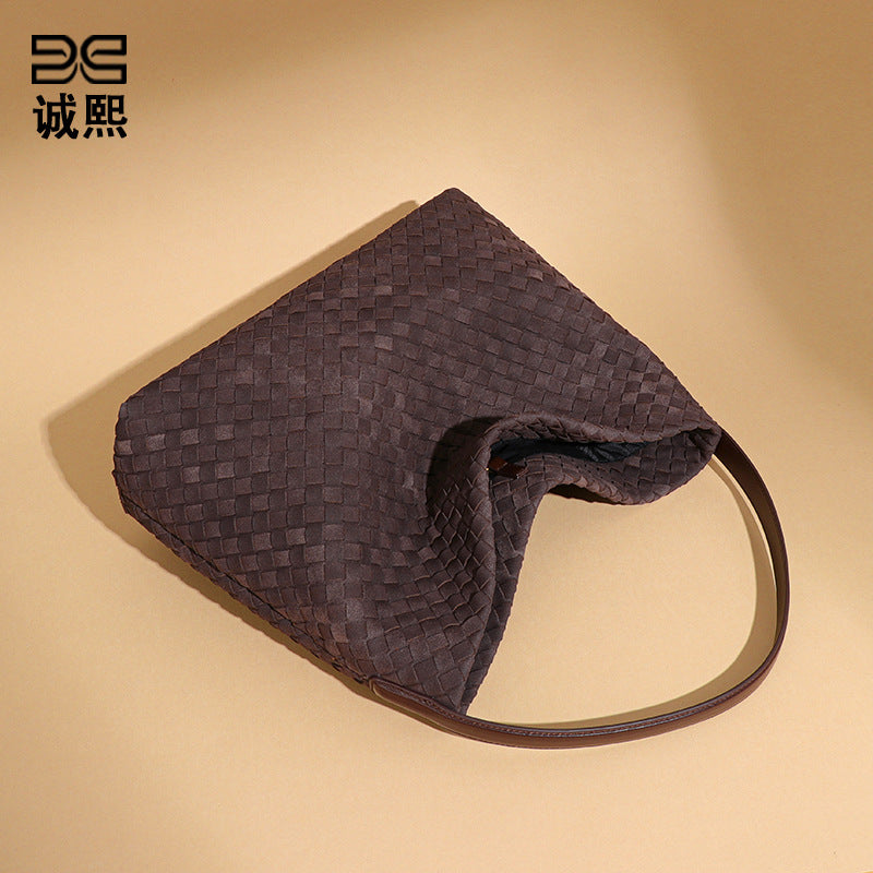 欧美大容量定制编织单肩女包时尚通勤托特腋下包复古磨砂料斜挎包