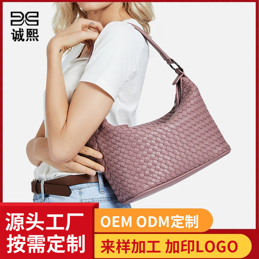 外贸手工编织斜挎包定制质感软皮女包休闲单肩腋下包大容量潮包包