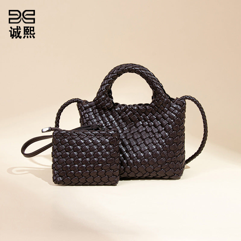 时尚百搭小清新手拎编织女包休闲纯色菜篮子单肩斜挎包手提子母包