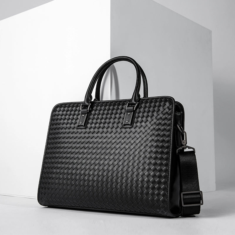 X&BV男士手提包商务真皮大容量青年横款编织男包公文包单肩斜挎包