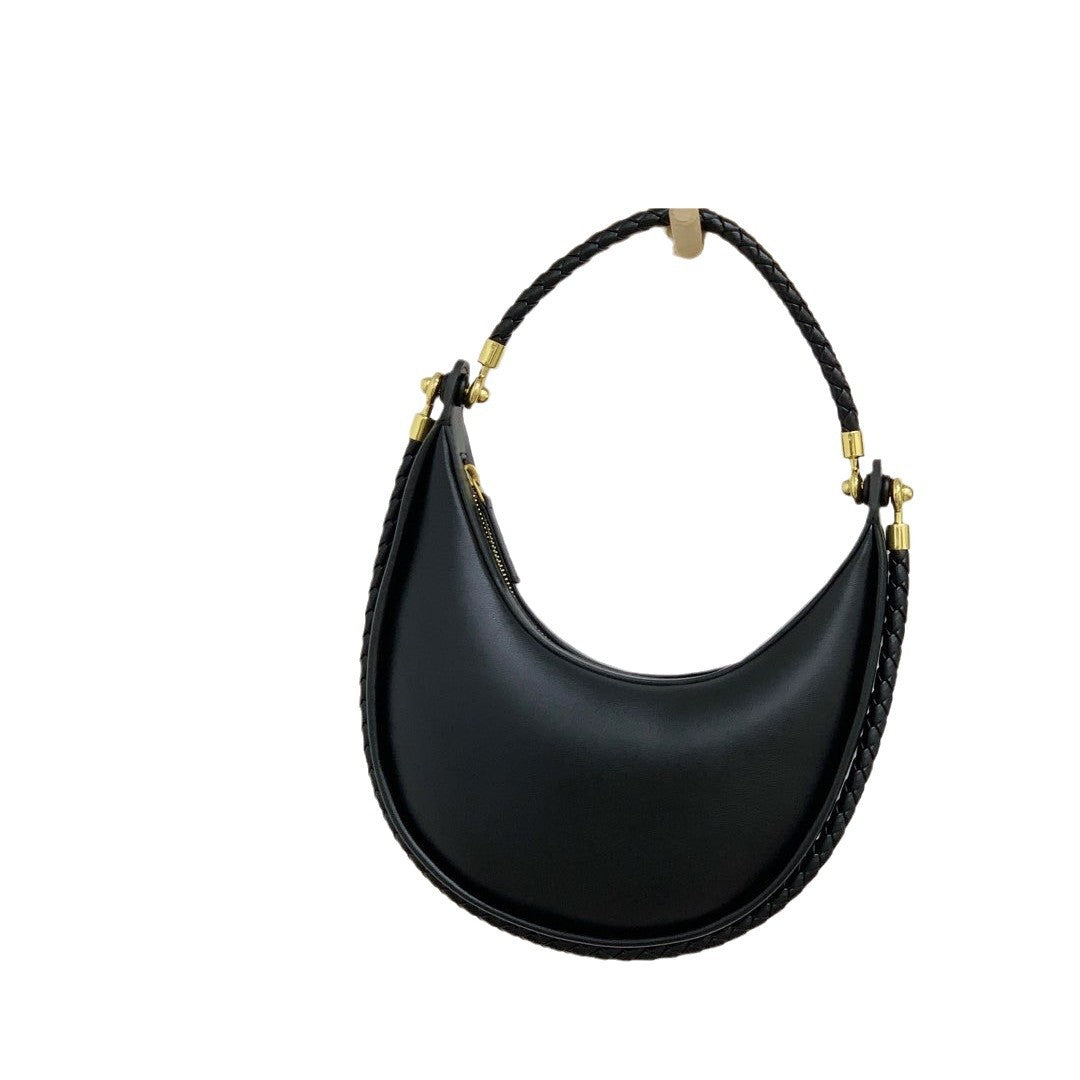 跨境爆款2025新款真皮编织手拎包时尚通勤新月包单肩斜挎半月包