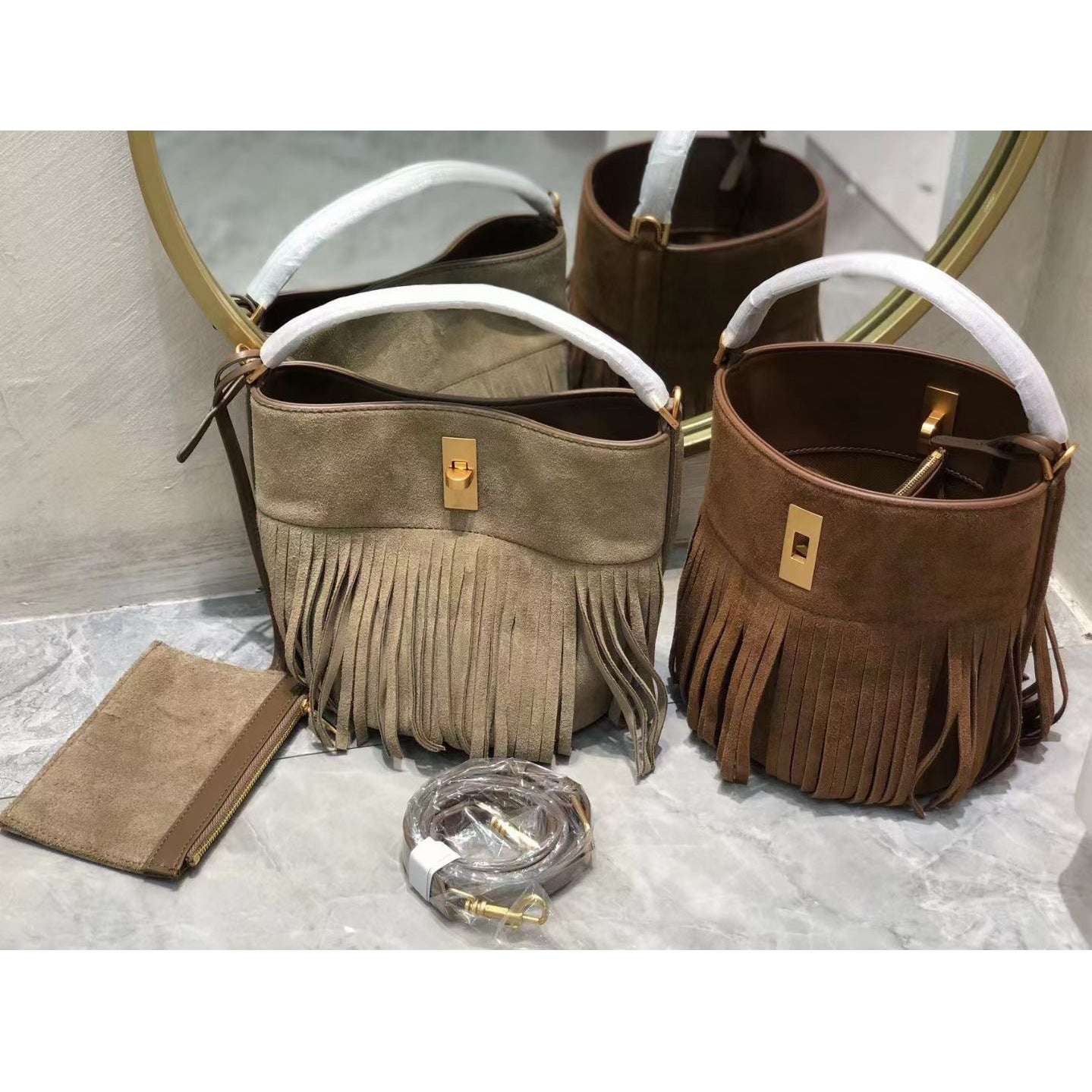 真皮水桶包ins潮酷复古流苏女包磨砂休闲百搭手提斜挎包 一件代发