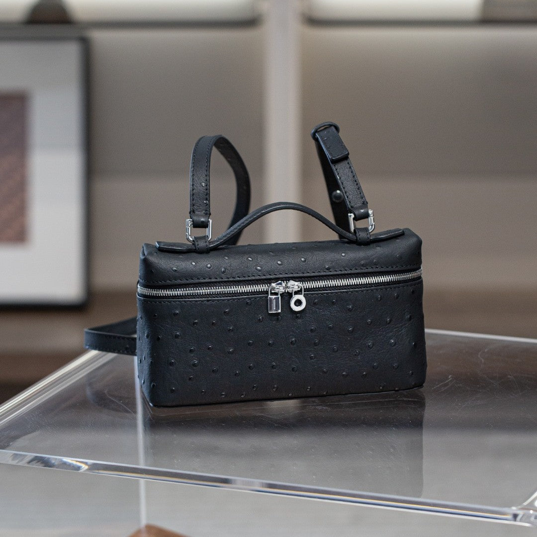 真皮lp包包 19饭盒包高级感鸵鸟纹手提盒子包百搭单肩斜挎小方包