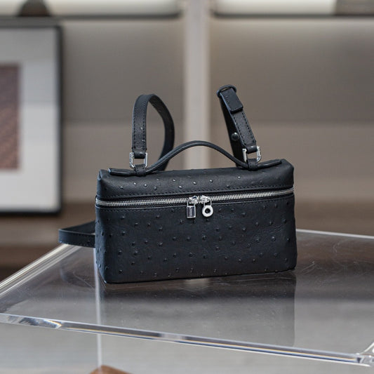 真皮lp包包 19饭盒包高级感鸵鸟纹手提盒子包百搭单肩斜挎小方包