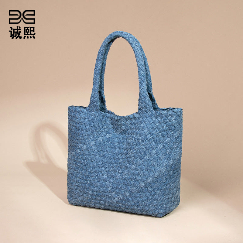 韩版牛仔布手工编织包包高级感单肩斜挎腋下包手提菜篮子母托特包