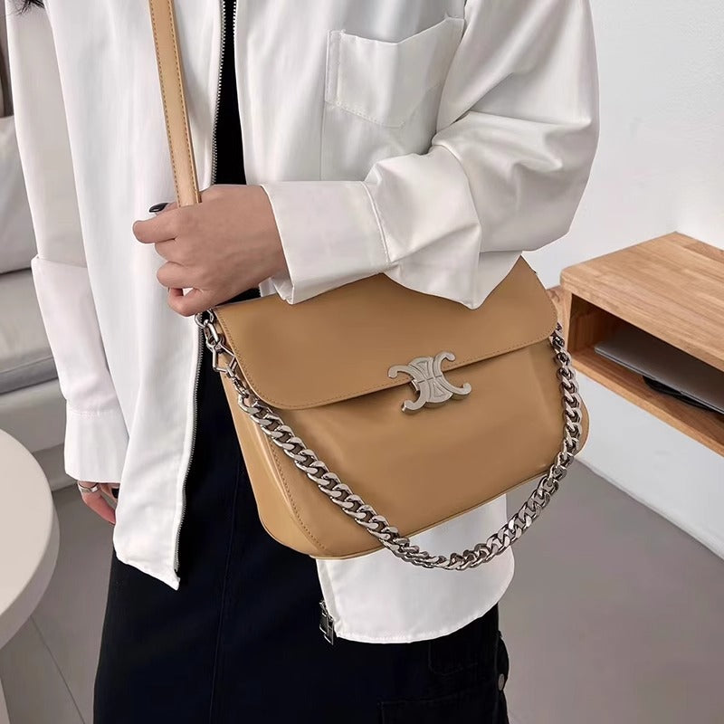 新款凯旋门软皮翻盖公文包单肩斜挎真皮子母包链条斜挎包无痕代发