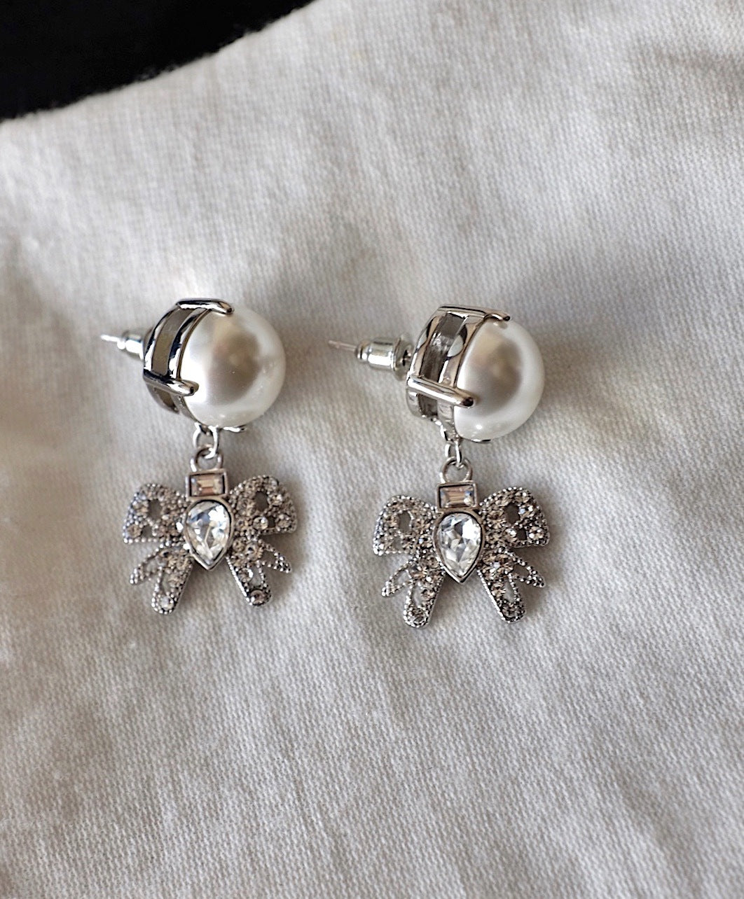 缪家新款耳环时尚甜美气质水晶耳饰品超仙ins风蝴蝶结珍珠耳钉女